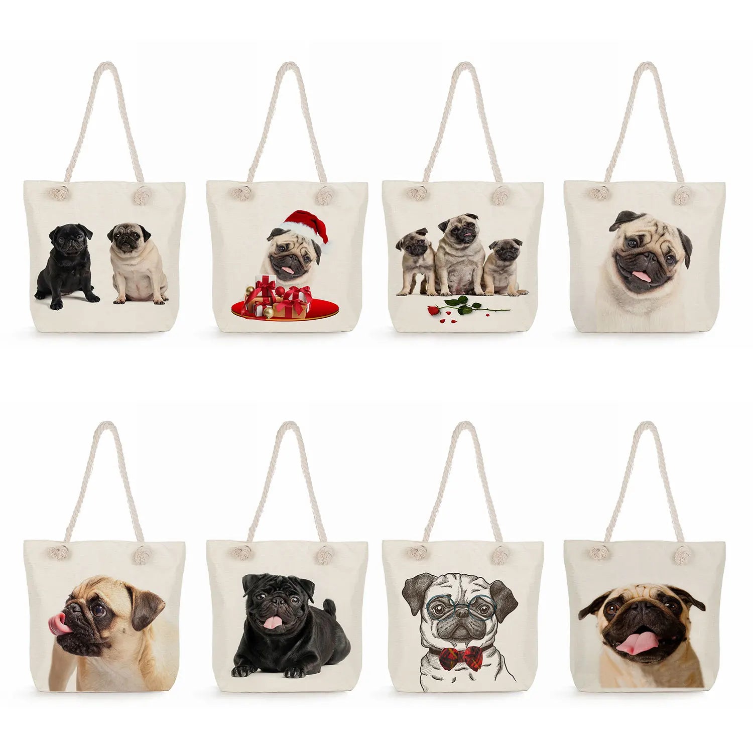 Pug Dog Print Shopping Bag Grocery Tote Bags