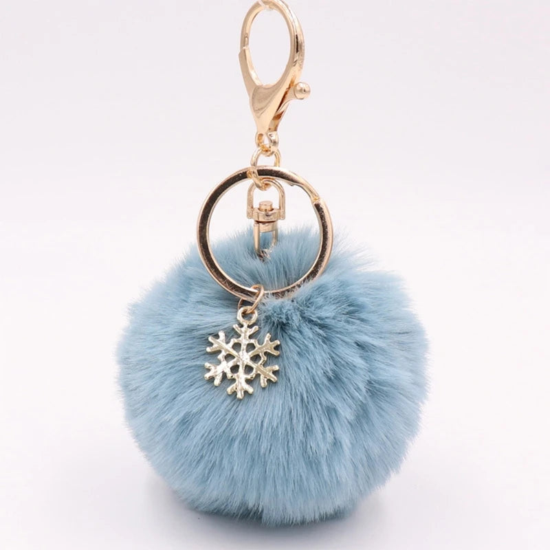 Snowflake Pom Pom Keychain Fluffy Plush Ball Women Girls Bag Accessory Holiday