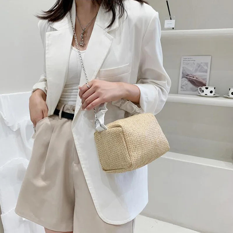 Small Straw Crossbody Bag for Women with Chain Strap