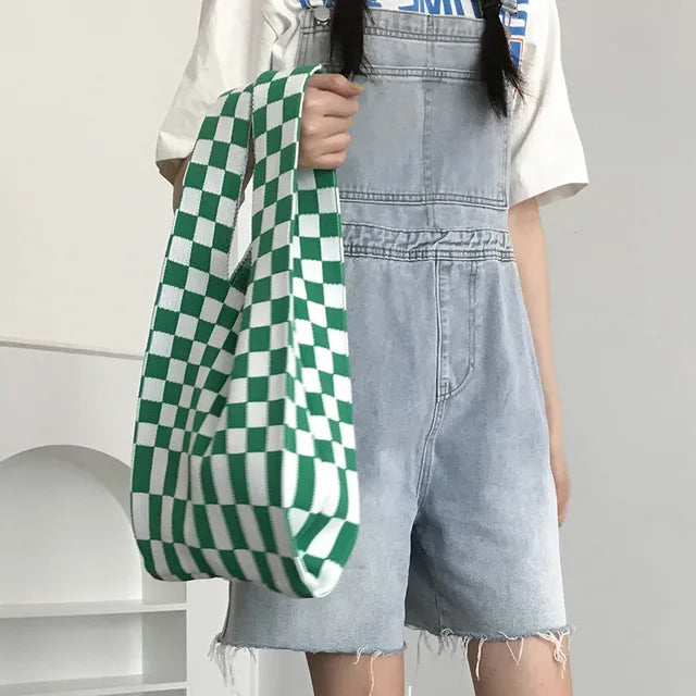 Vintage Plaid Woolen Knitting Shoulder Wrist Bag