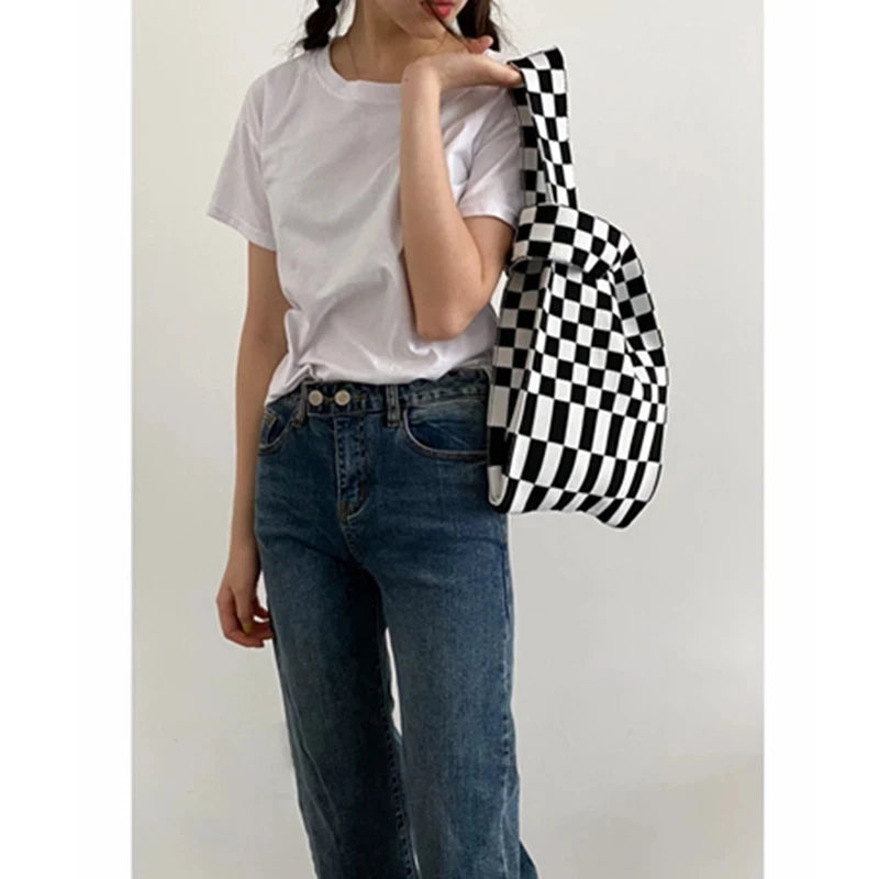 Vintage Plaid Woolen Knitting Shoulder Wrist Bag