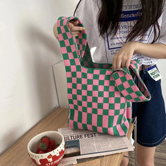 Vintage Plaid Woolen Knitting Shoulder Wrist Bag