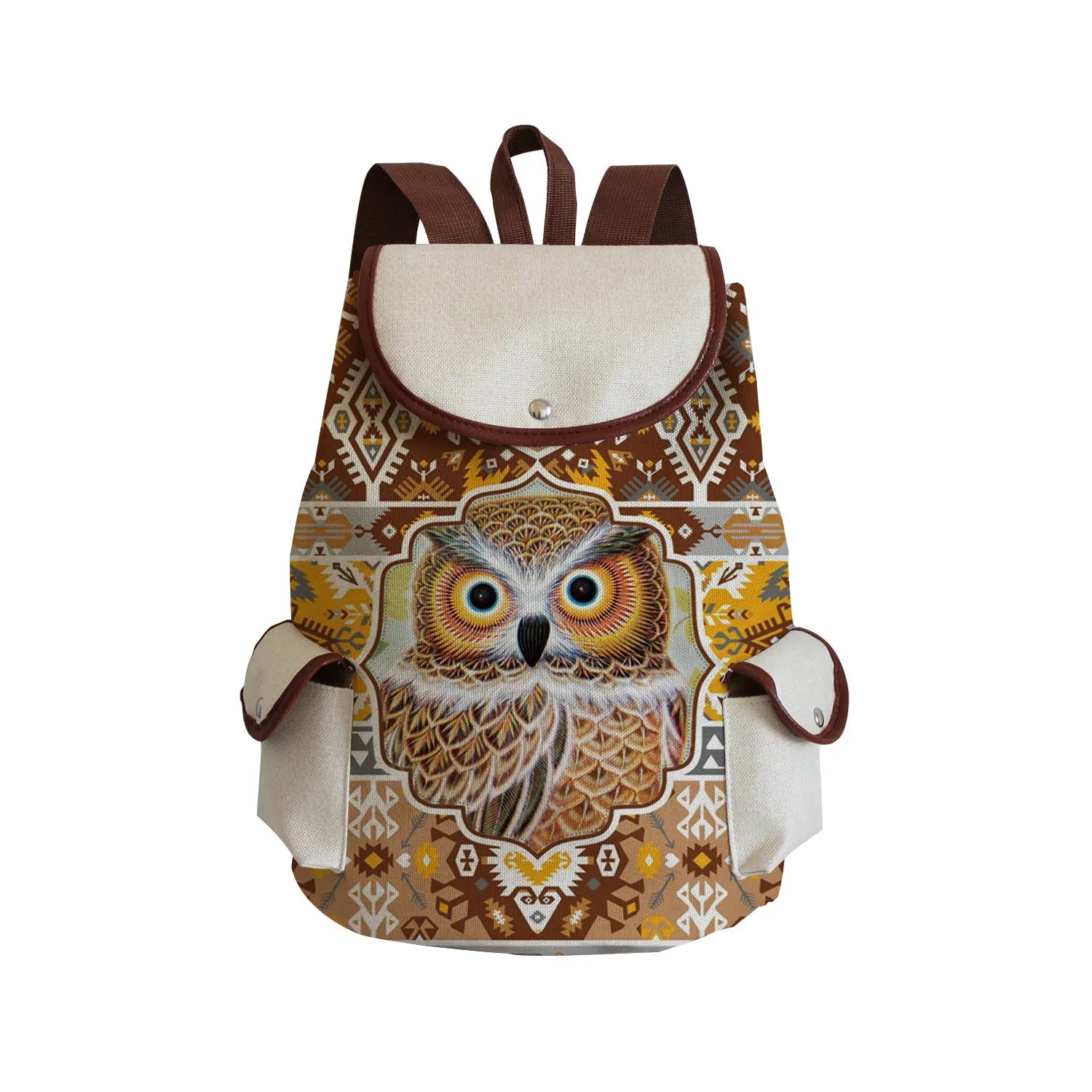Animal Owl Print Eco Linen Drawstring Children Backpack School Backpacks