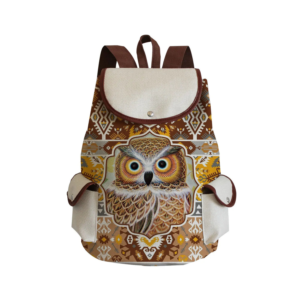 Animal Owl Print Eco Linen Drawstring Children Backpack School Backpacks
