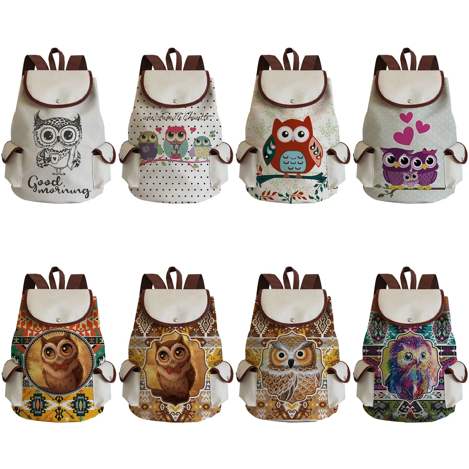 Animal Owl Print Eco Linen Drawstring Children Backpack School Backpacks