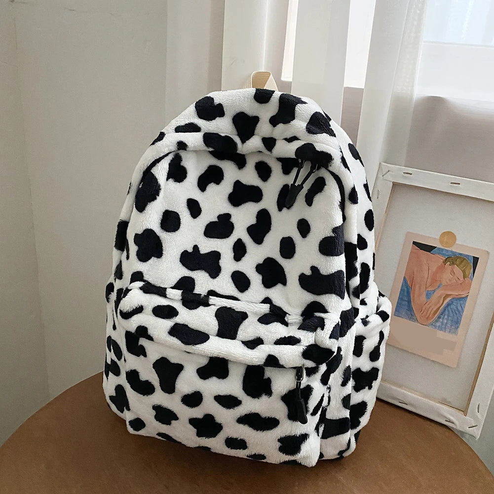 Plush Animal Print Handbag Women Shoulder Backpack