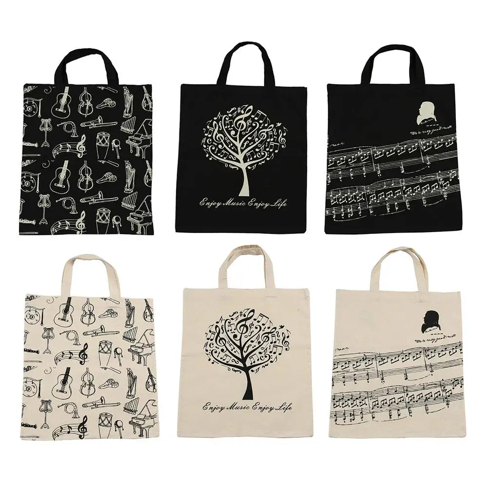 Cotton Linen Music Note Tote Shopping Bag Keyboard Pattern Handbag Music Bag