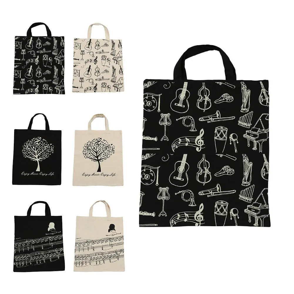 Cotton Linen Music Note Tote Shopping Bag Keyboard Pattern Handbag Music Bag
