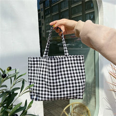 Cotton Women Lunch Bento Bag Vintage Plaid Canvas Ladies Handbags