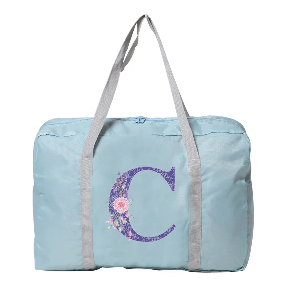 Foldable Travel Bag Large Capacity Tote Luggage Purple Flower Letter Print Hand