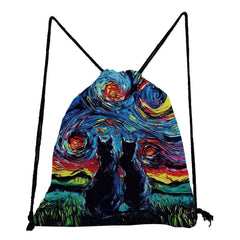 Starry Sky Dog Print Backpack Drawstring Pocket