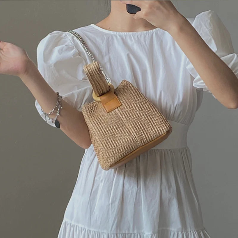 Girly Straw Purse Handbags Chain Shoulder Bucket Bags Retro Crossbody Bag