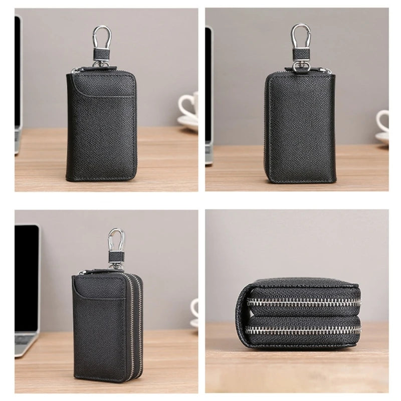 Leather Double Zipper Key Wallet Retro Men Women Car Key Holder Bag