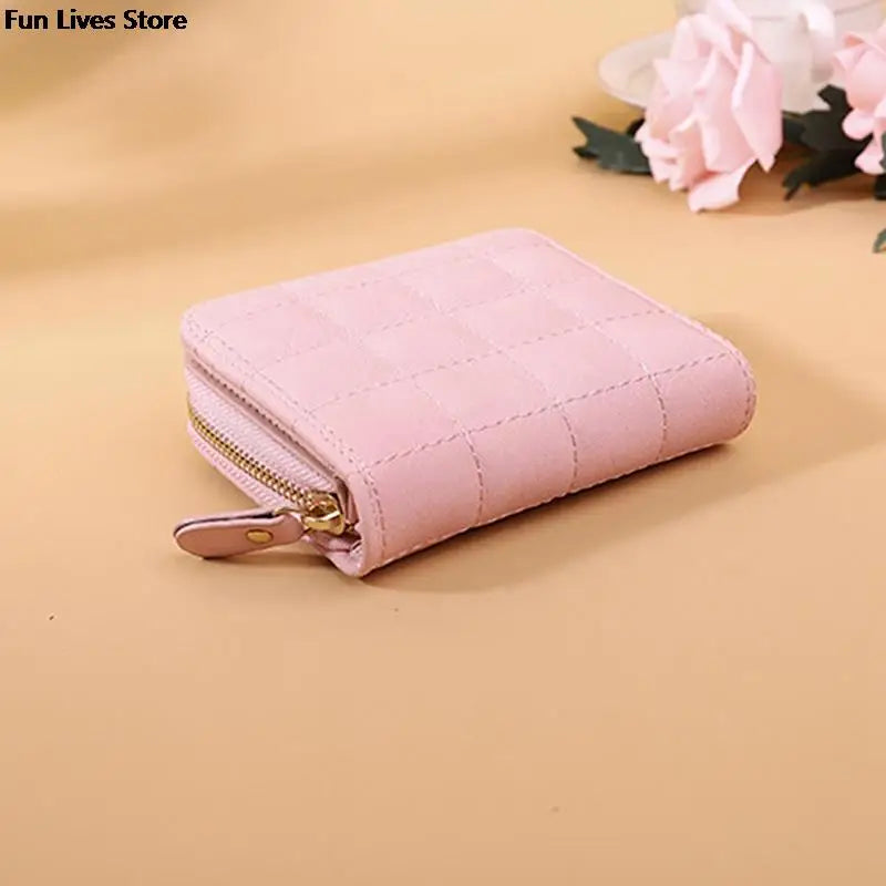 Plaid Leather Short Wallet for Woman Retro Purse Square Clutch Money Clip