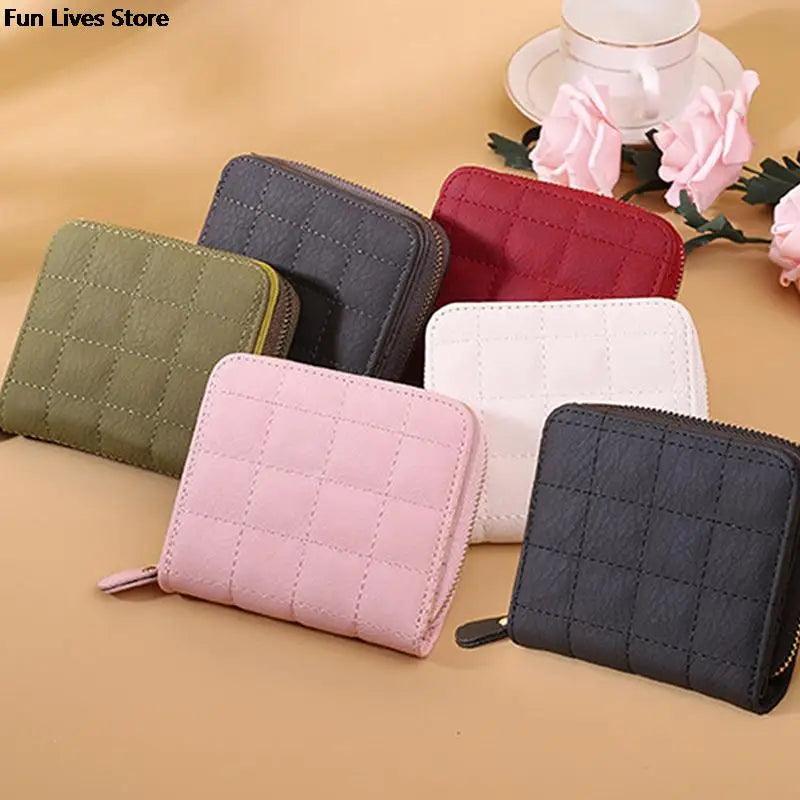 Plaid Leather Short Wallet for Woman Retro Purse Square Clutch Money Clip