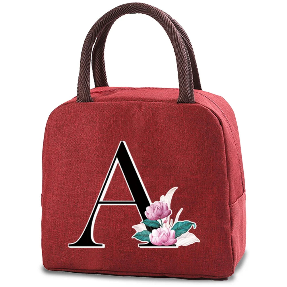 Portable Lunch Box Insulation Tote 26 Whitemarble Letter Print