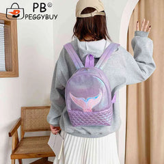 Women Laser Travel Backpack PU Leather Fish Tail Bookbag Sequins Decorate Bag