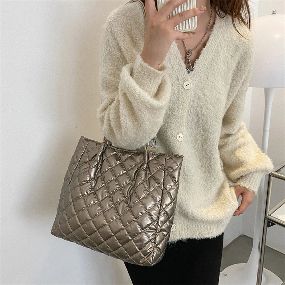 Women Padded Nylon Messenger Tote Bag Solid Large Capacity Zipper Top-handle