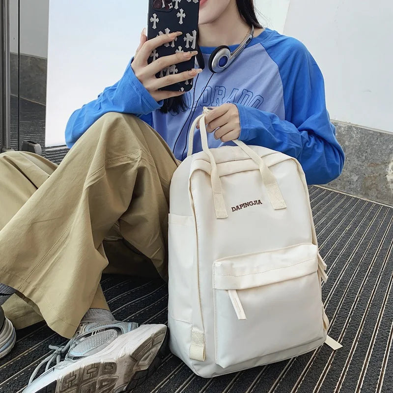 Preppy Style Women Nylon Zipper Backpack Students Solid School Knapsack