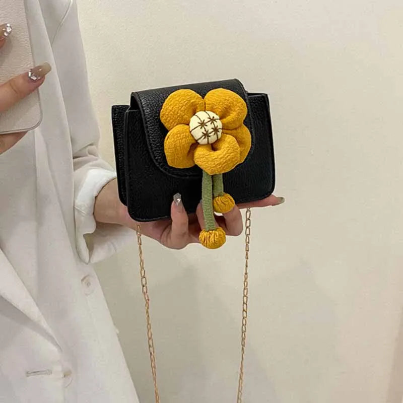 Pu Flower Woman Chain Daily Party Flip Small Square Purses Handbags