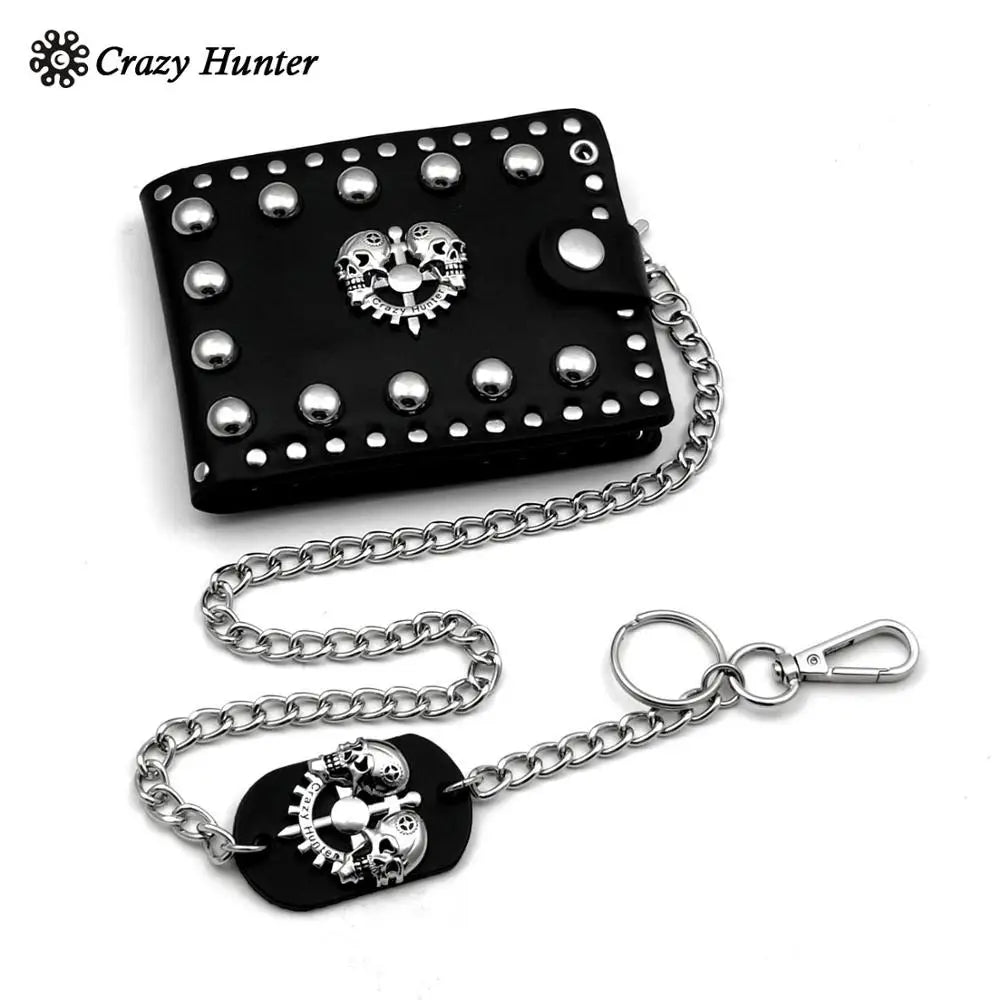 Punk Studded Skull Biker Leather Wallet Mens Clip Chain