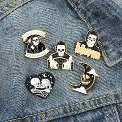 Punk Style Enamel Lapel Pins Set, Halloween Cat Head Compass Wizard Hat Backpack