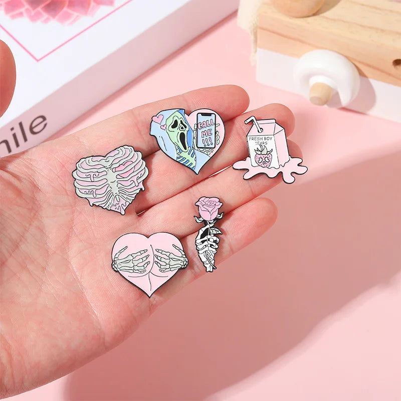Punk Style Enamel Lapel Pins Set, Halloween Cat Head Compass Wizard Hat Backpack