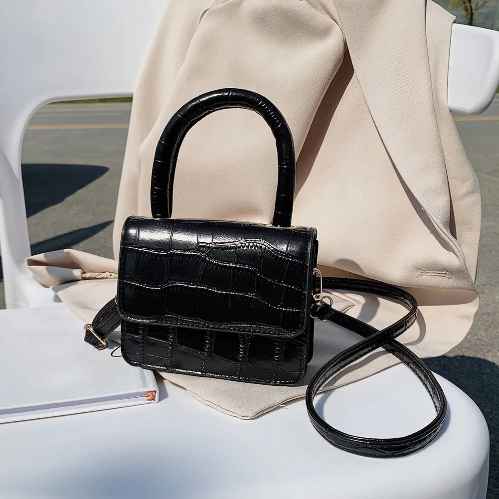 Women Leather Mini Shoulder Handbags Lady Stone Pattern Casual Tote