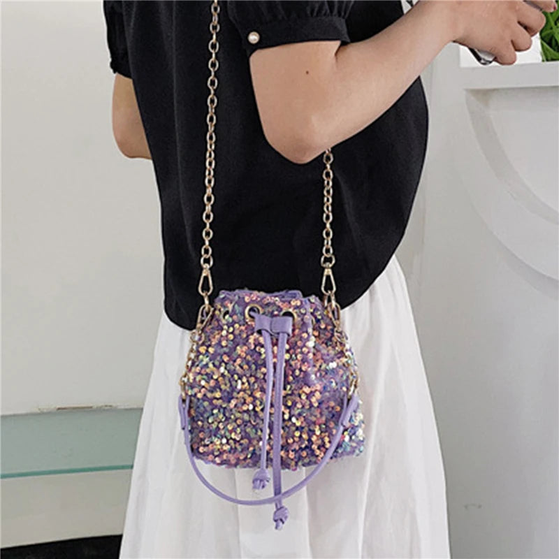Sequin String Bucket Handbag Tote Ladies Shoulder Bag Crossbody Bags