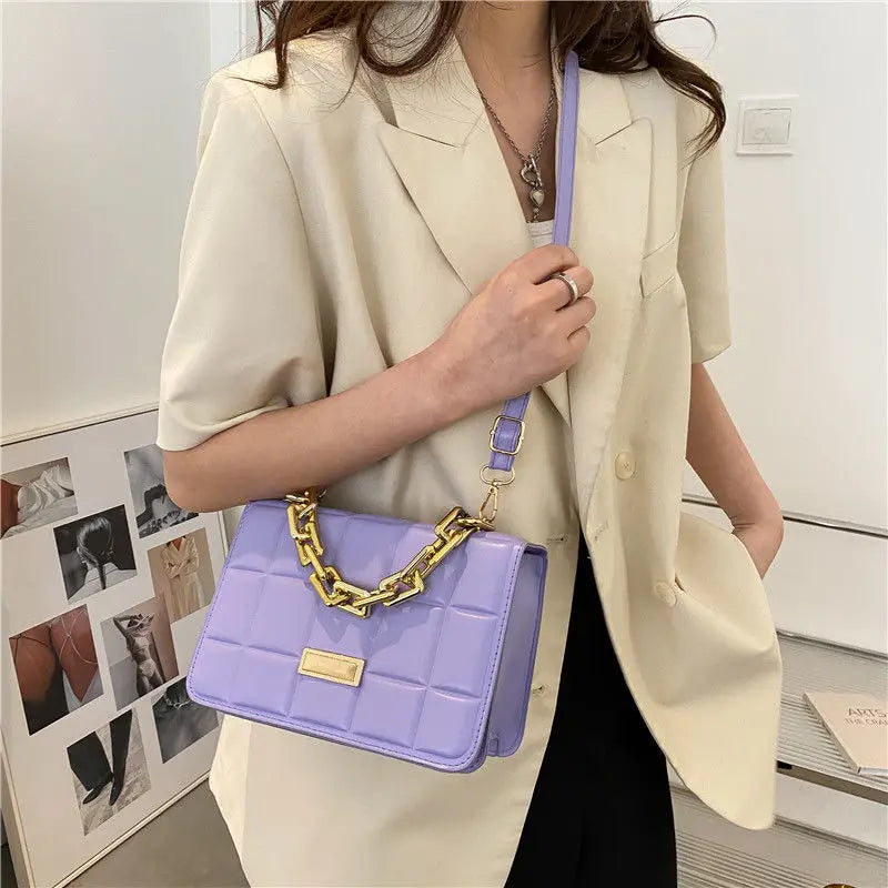 Purple Leather Crossbody Bag Plaid Shoulder Bag Chain Handle Small Oran...