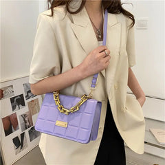 Purple Leather Crossbody Bag Plaid Shoulder Bag Chain Handle Small Oran...