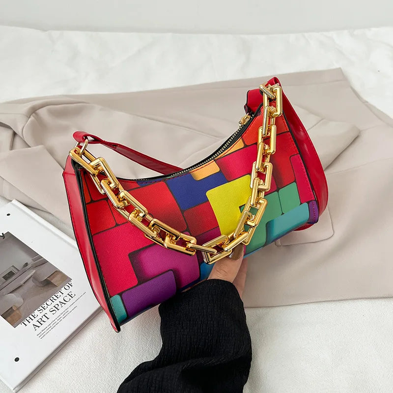 Leather Tote Bag Woman Chain Print Shoulder Bag