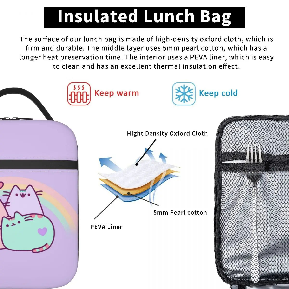 Pusheens Cat Rainbow Heart Thermal Lunch Bag Women Cartoon Kitten
