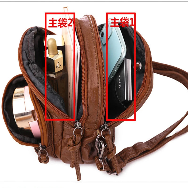 QiaoSanSan Women's Handbag Soft Leather Feeling One-shoulder Retro Multi-layer L
