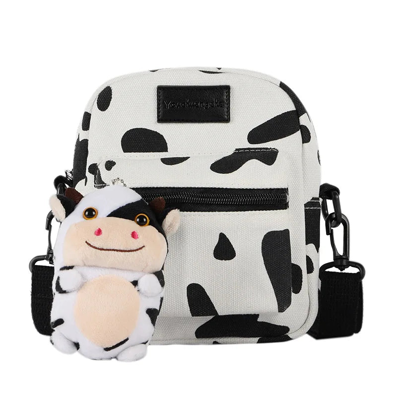 Japanese Cow Print Canvas Shoulder Bag Girls Crossbody Phone Purse