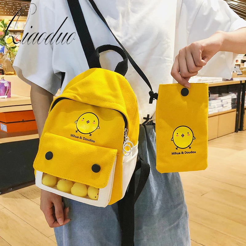 Qiaoduo School Backpack Women College Girls Cartoon Small Yellow Shoulder Bags