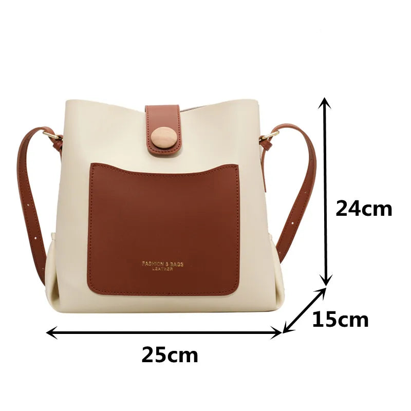 PU Leather Bucket Shoulder Bag Contrast Messenger Female Crossbody Handbag