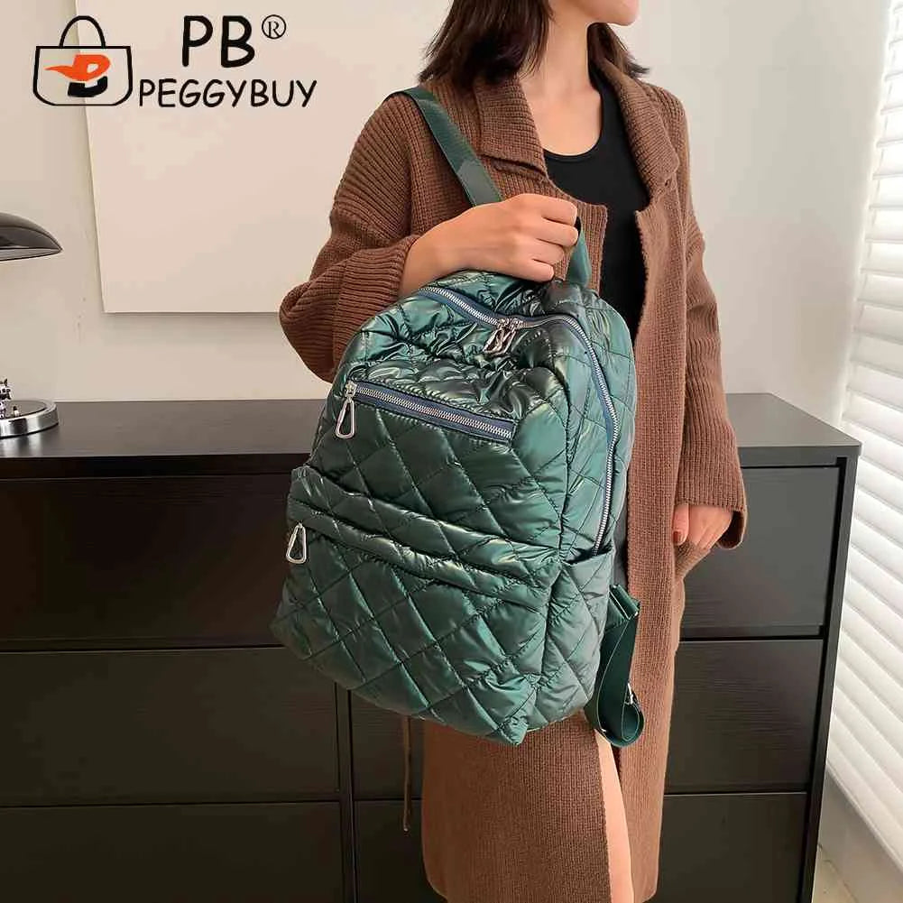 Quilted Women Backpacks Nylon Rhombic Lattice Cotton-Padded Backpack