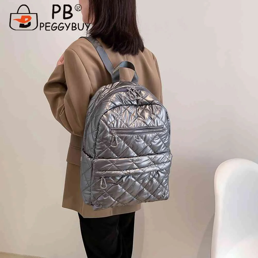 Quilted Women Backpacks Nylon Rhombic Lattice Cotton-Padded Backpack