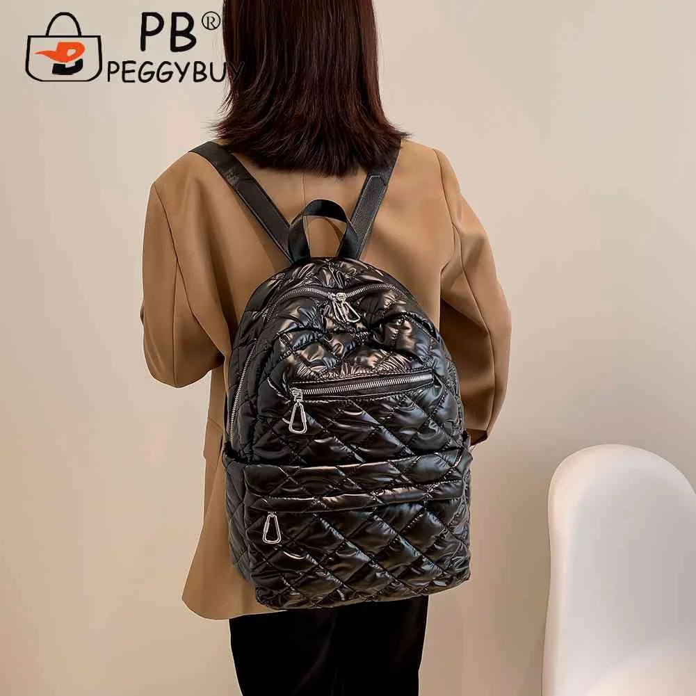 Quilted Women Backpacks Nylon Rhombic Lattice Cotton-Padded Backpack