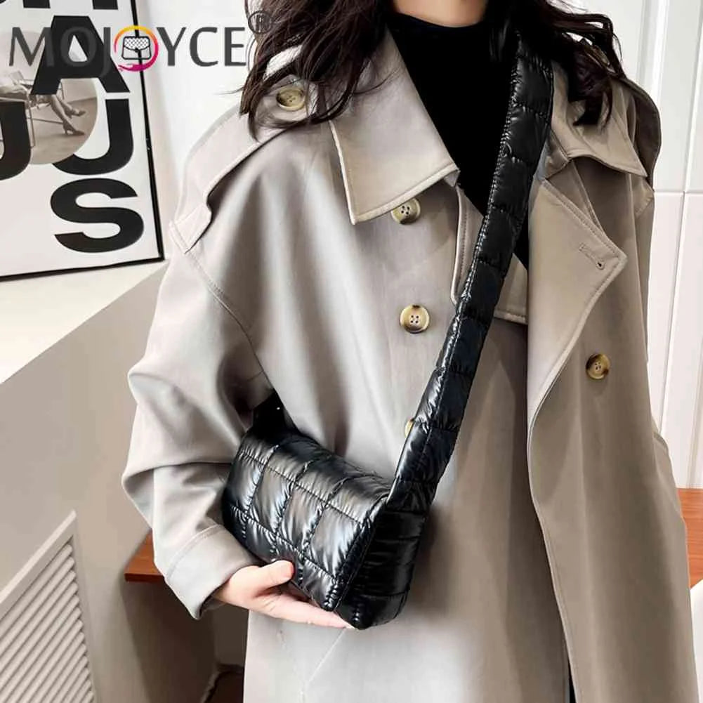 Quilted Women Messenger Bag Check Cotton-Padded Nylon Buckle Flap Soft Solid