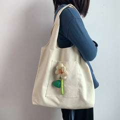 Women's Shoulder Bag Fresh Flowers Art Red Canvas Shopping Bag