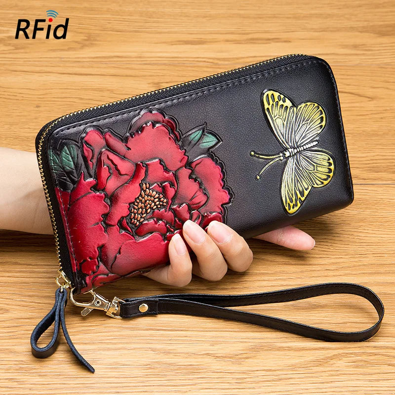 RFid Rose Flower Butterfly Women Wallet Leather Lady Long Zipper Purse Female