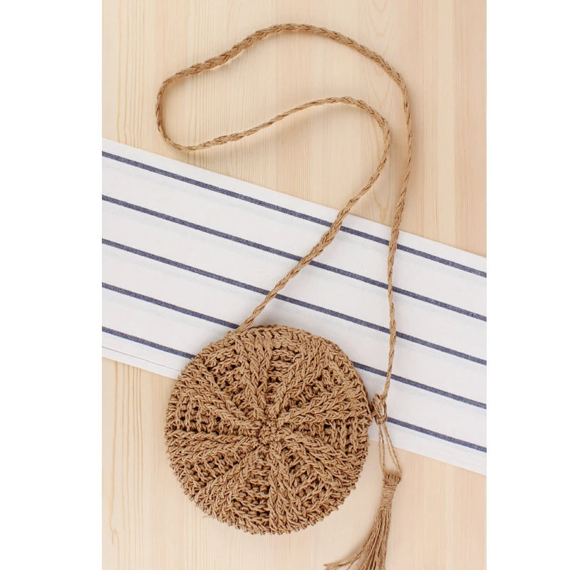Rattan Woven Round Women Straw Bag Handbag Knit Summer Beach Bag