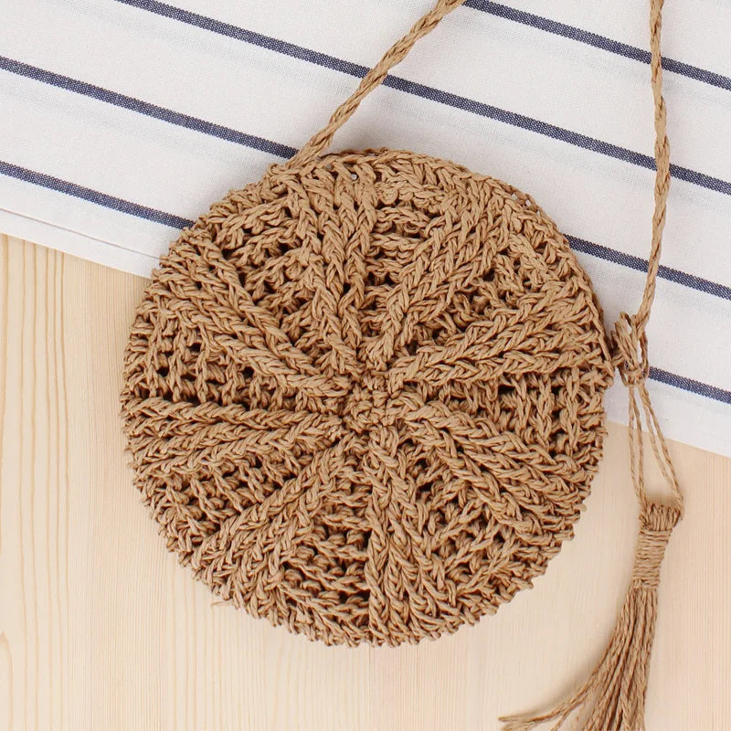 Rattan Woven Round Straw Beach Bag Tassel Khaki Beige