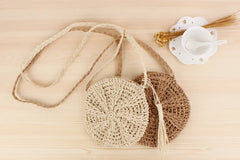 Rattan Woven Round Straw Beach Bag Tassel Khaki Beige