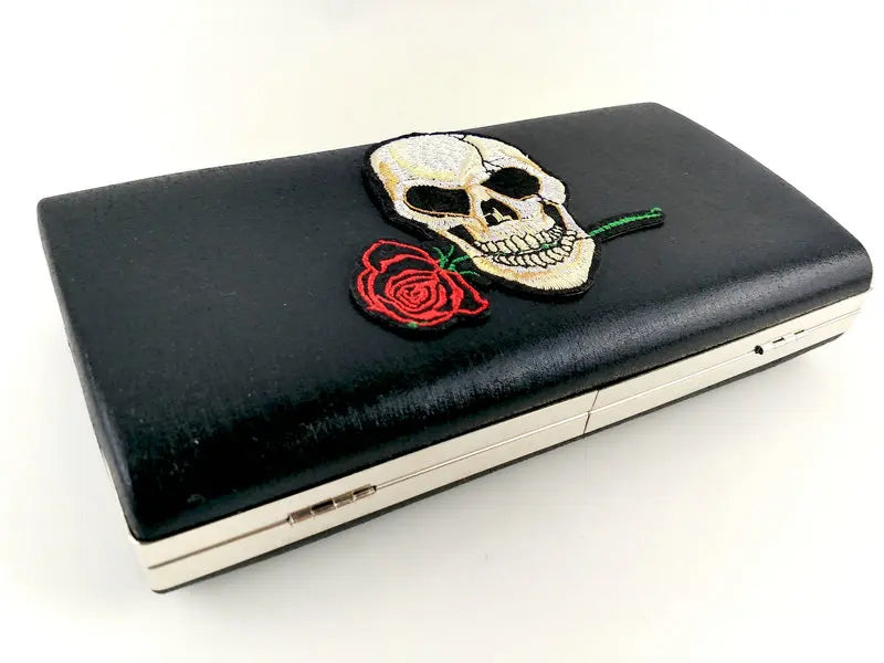 Skull & Rose Embroidered Chain Handbag Metal Clutch Party Bag