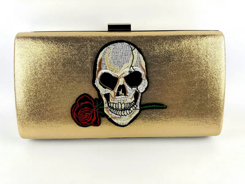 Skull & Rose Embroidered Chain Handbag Metal Clutch Party Bag