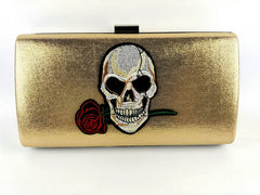 Skull & Rose Embroidered Chain Handbag Metal Clutch Party Bag