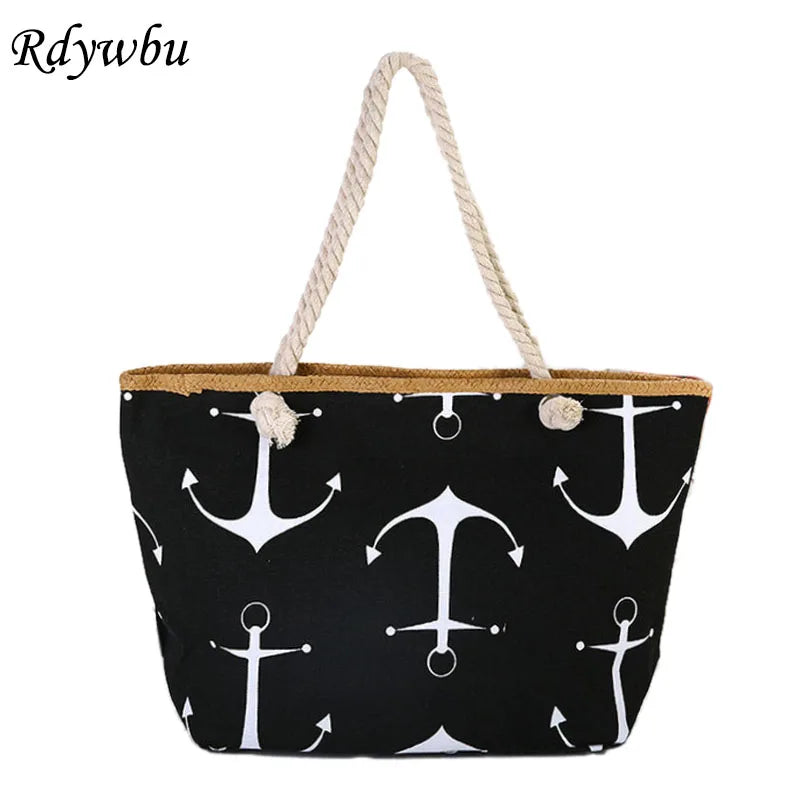 Women Large Capacity Straw Weave Anchor Canvas Beach Tote Bag